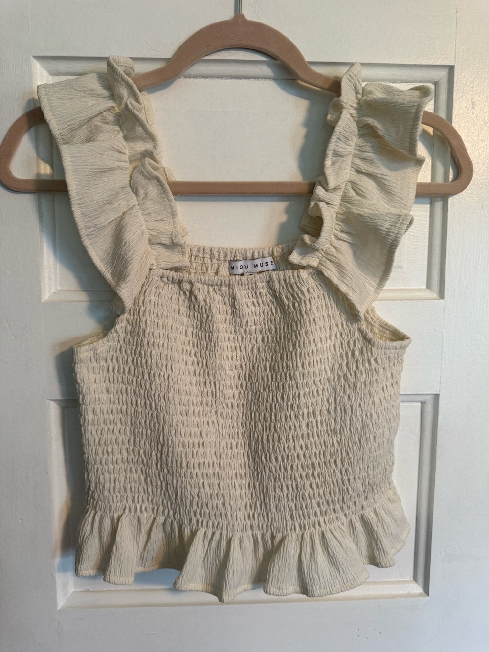 Miou Muse Cream Smocked Ruffle-Sleeve Crop Top Size [M] NWOT